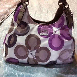 Coach Maggie Scarf Print Sateen Purple Brown Signature Shoulder Bag